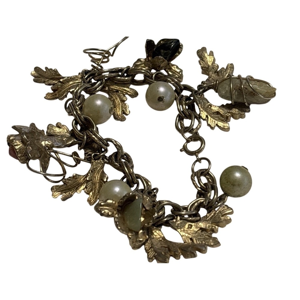 Vintage Charm Bracelet Leaf Faux Pearl Glass Bead Chunky Gold